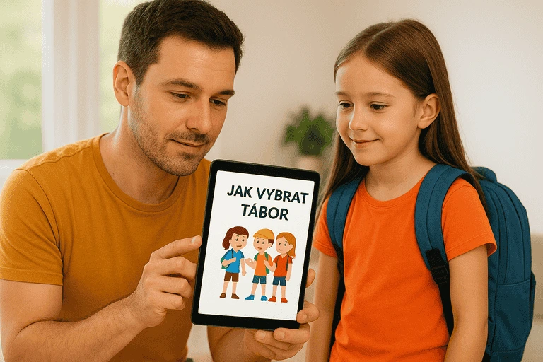 Rodič vybírá příměstský tábor pro své dítě na tabletu