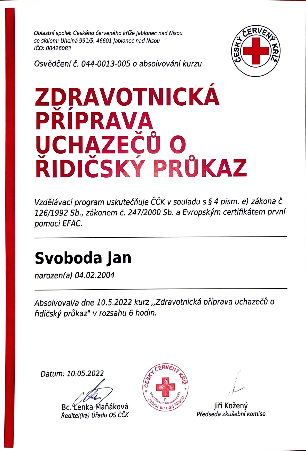 Certifikát Zdravotník